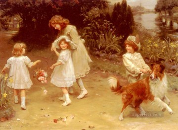 Mascotas y niños Painting - Amor a primera vista Niños idílicos Arthur John Elsley Pet Kids